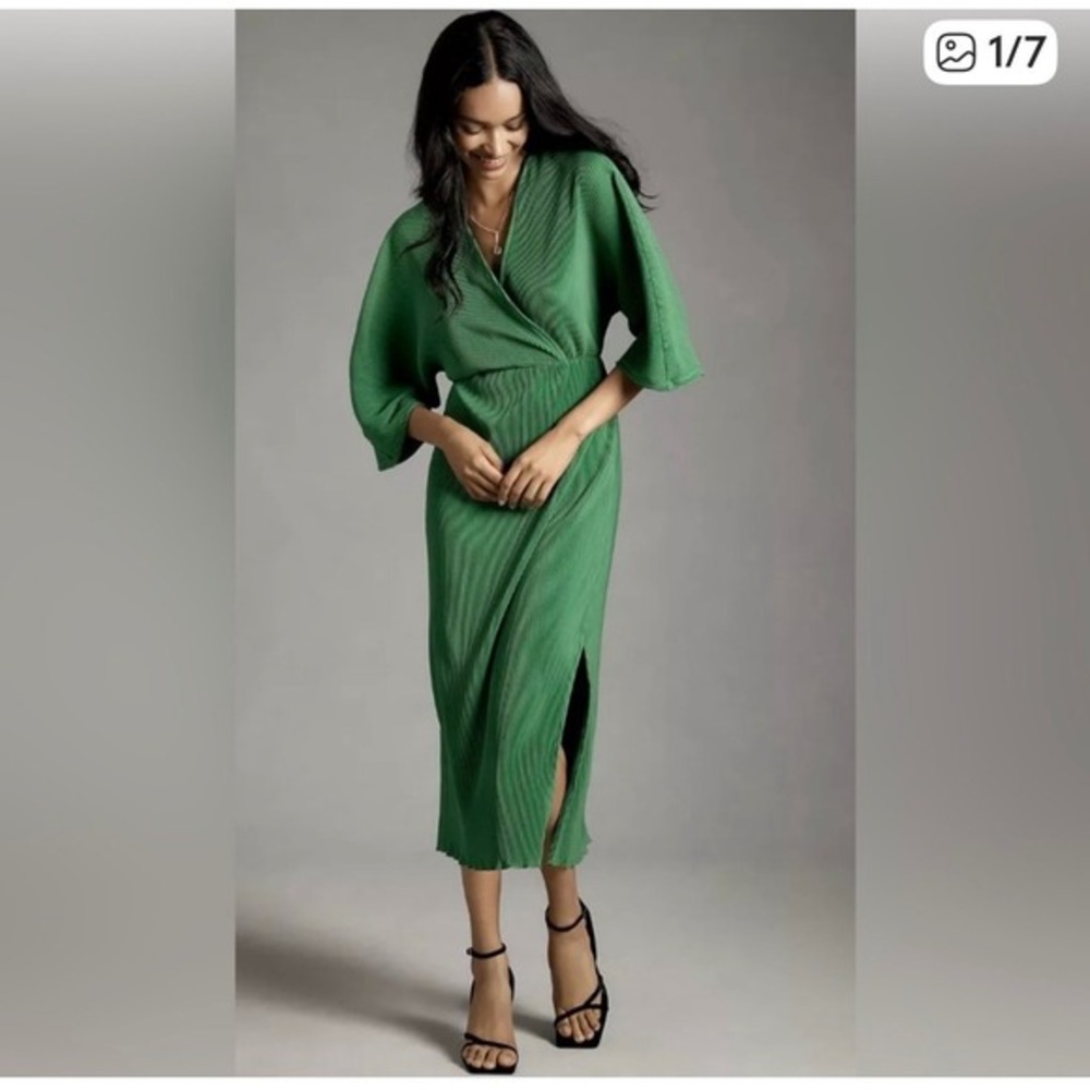 Anthropologie‎ Dress Plissé Faux-Wrap Kimono Sleeve Green Maxi Boho Glam XL NWT - Picture 10 of 10